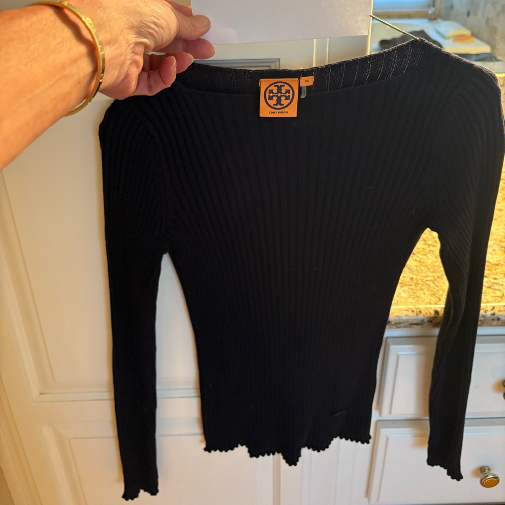 Tory Burch Navy Ribbed Knit Top xs